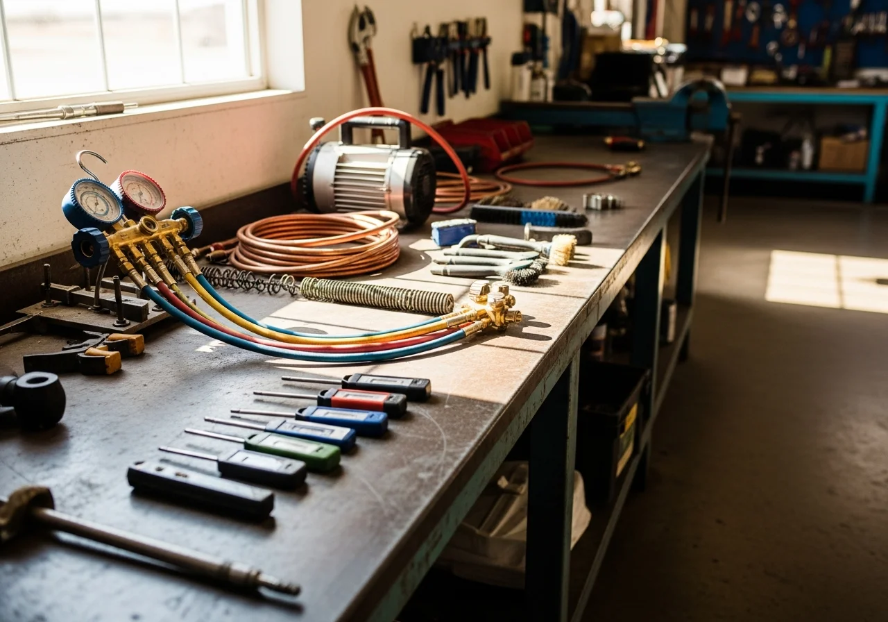 HVAC technician tools and equipment on a workbench, ready for service calls.