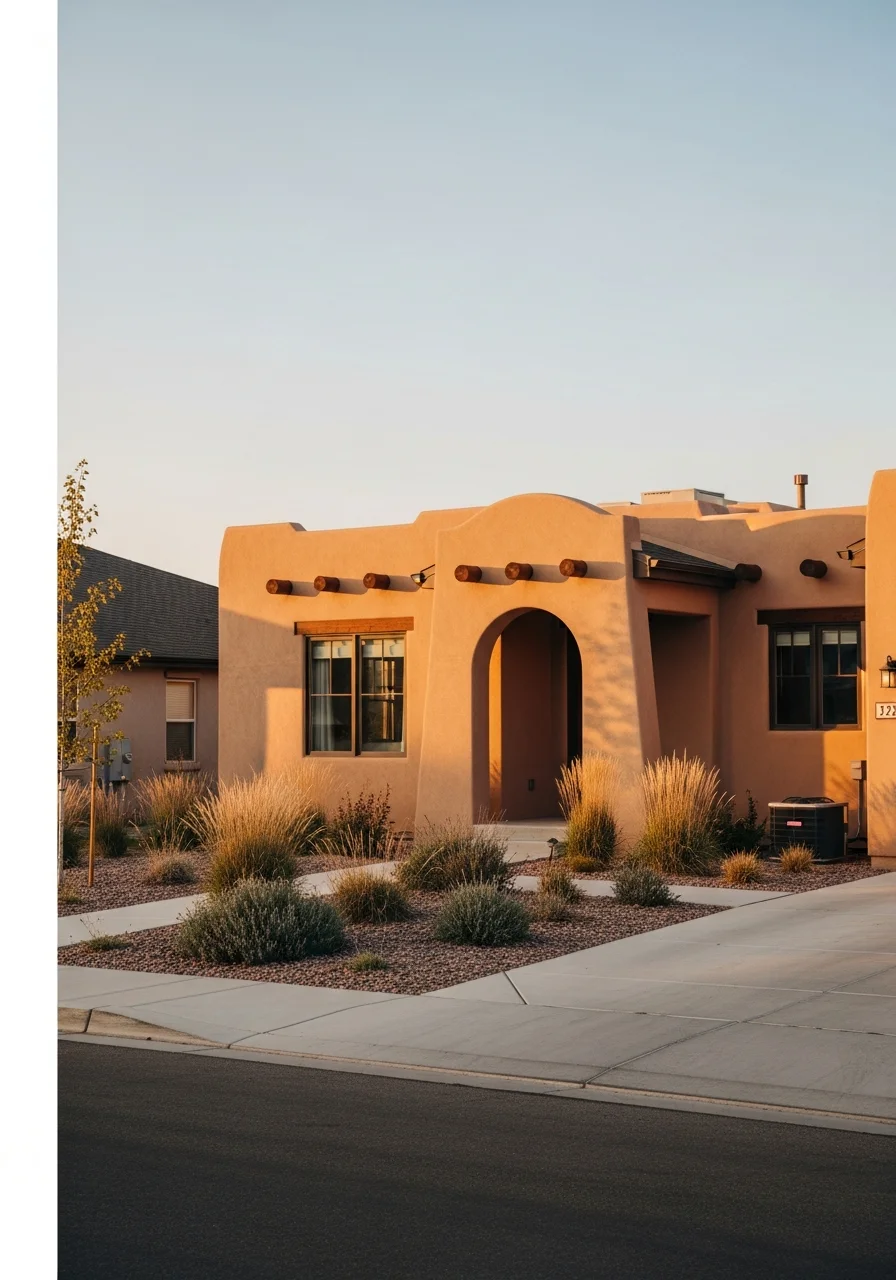 Close-up of a La Junta home's front entrance with landscaping and local architectural details.