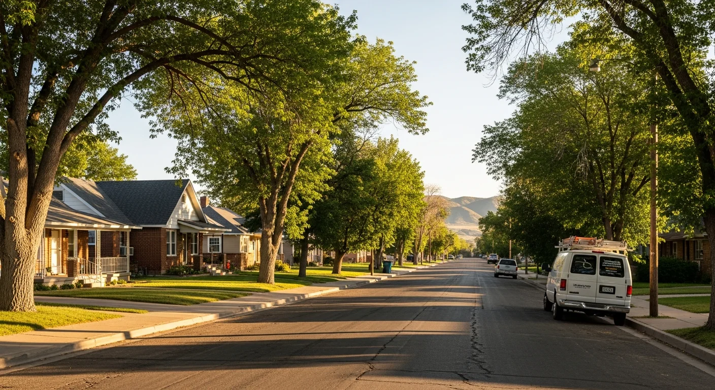 Wide view of La Junta residential street with mature trees and single-family homes along the Arkansas River valley.