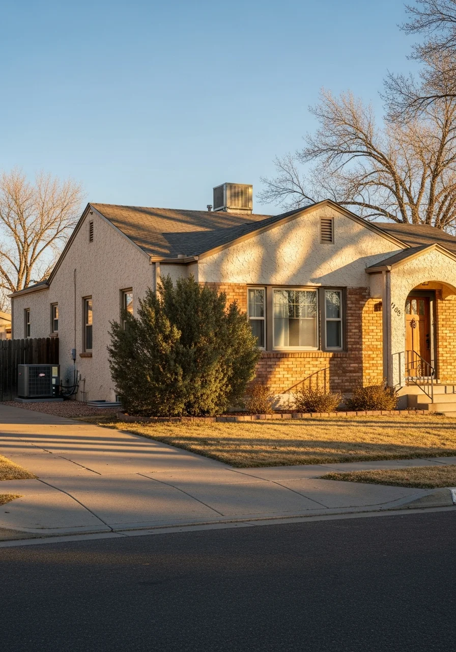 Portrait of a Pueblo home's front facade showing neighborhood character and landscaping details.