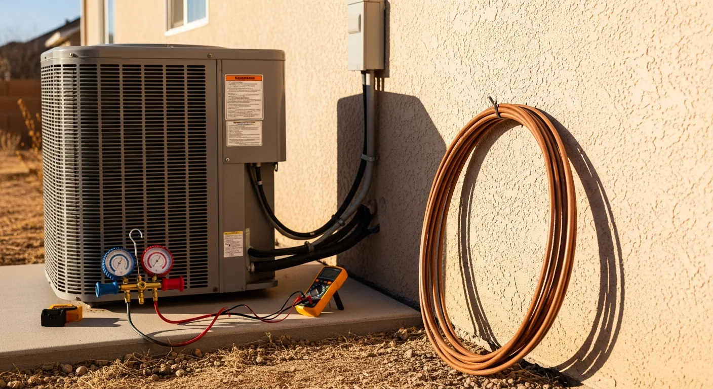 A GSK Refrigeration LLC HVAC technician inspecting a central air conditioning unit outside a single-family home in La Junta, Colorado. The technician checks internal components on a clear, sunny day typical of southeastern Colorado summers.