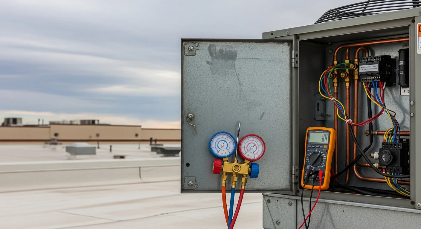A commercial HVAC technician inspecting a rooftop package unit on a flat-roof commercial building in La Junta, Colorado. The unit shows visible service work in progress under a clear high-plains sky.