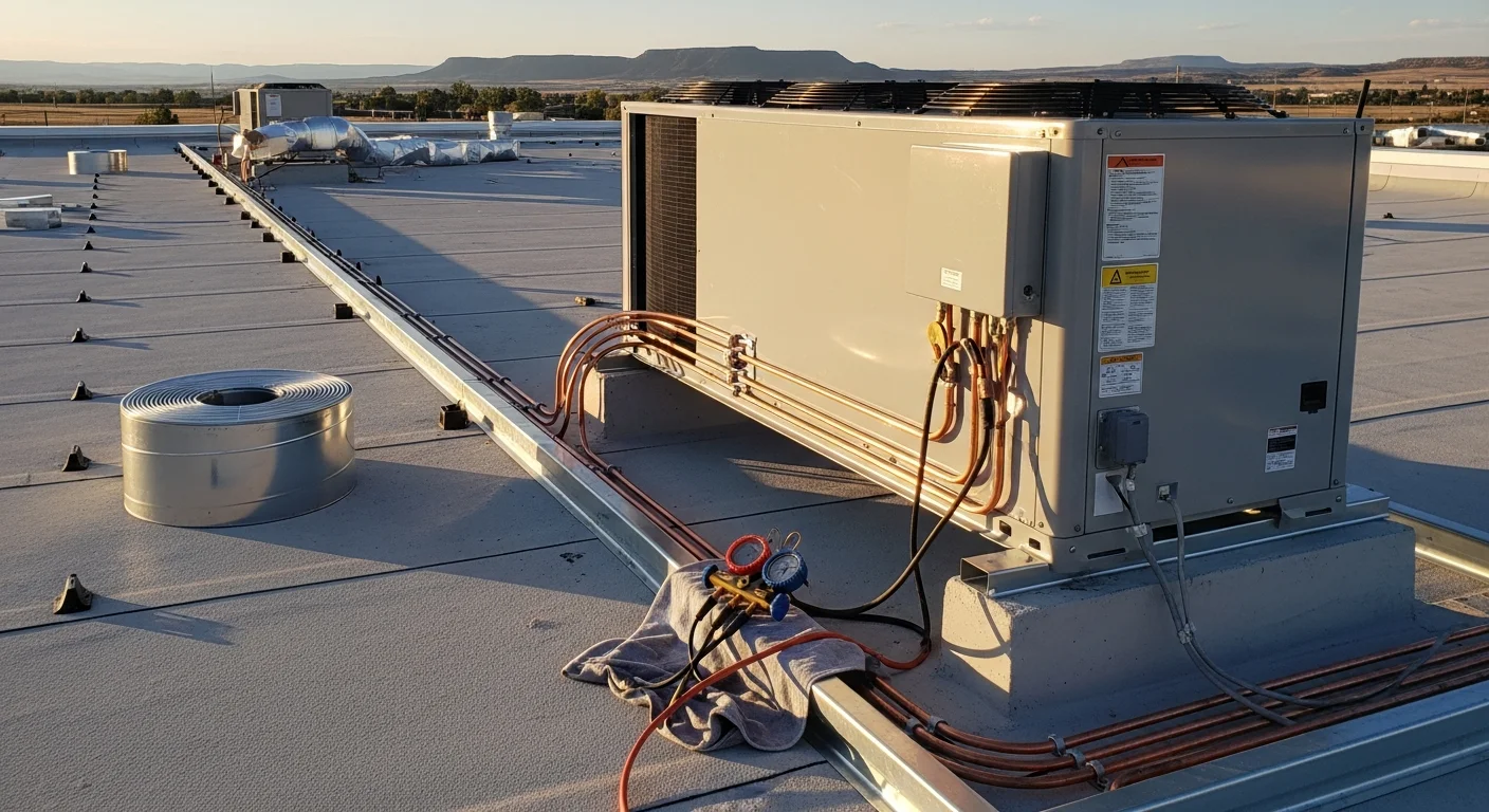 A commercial HVAC rooftop unit installed on a flat-roof building in La Junta, Colorado, with clear blue sky and open high-plains terrain visible in the background. A technician in work gear inspects the unit connections during the commissioning process.
