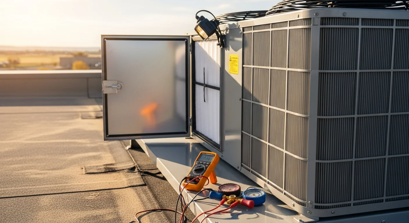 A commercial HVAC technician inspecting a rooftop unit on a flat-roof building in La Junta, Colorado, with the high plains landscape visible in the background. The technician is checking refrigerant lines and coil condition during a scheduled maintenance visit.