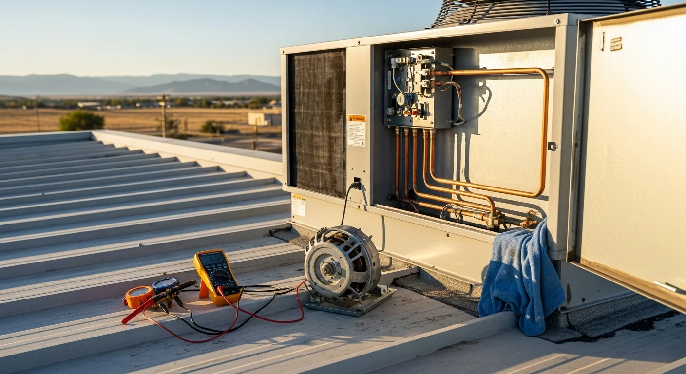A commercial HVAC technician inspecting a rooftop packaged unit on a flat-roof building in La Junta, Colorado. The unit shows signs of sun exposure wear consistent with the region's semi-arid climate.
