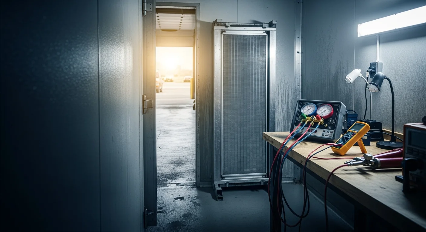 A commercial technician from GSK Refrigeration LLC inspecting the condenser unit of a walk-in cooler at a La Junta, Colorado food service business. The technician uses diagnostic gauges to check system pressure on the exterior condenser cabinet.