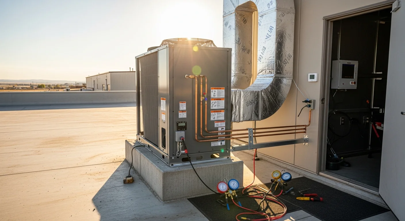 A commercial HVAC rooftop unit being inspected and upgraded on a flat-roof building in La Junta, Colorado. A technician in work gear checks system connections on a clear day with the southeastern Colorado plains visible in the background.