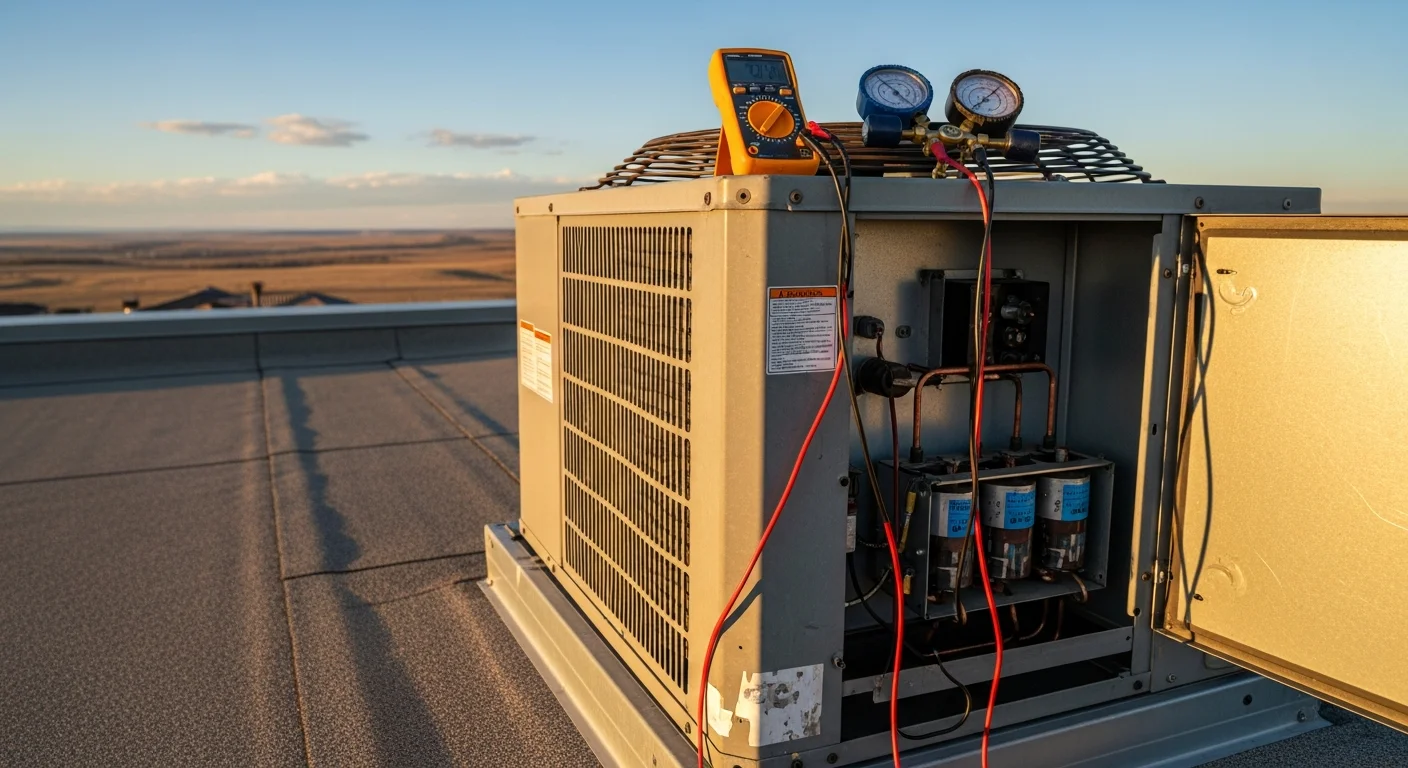 An HVAC technician from GSK Refrigeration LLC inspecting an outdoor air conditioning unit at a residential property in La Junta, Colorado. The technician uses diagnostic tools to assess a failed compressor on a warm, sunny day typical of southeastern Colorado summers.