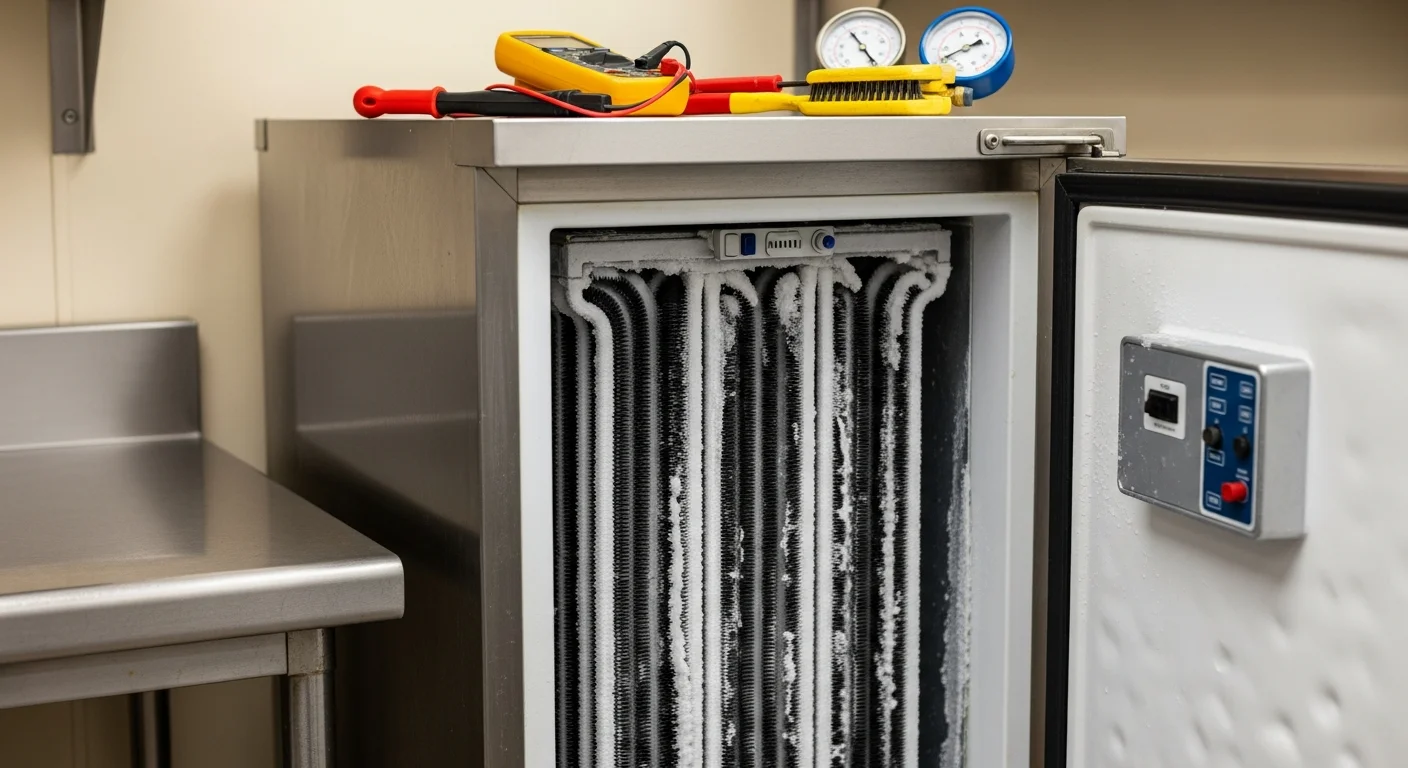 A GSK Refrigeration LLC technician inspecting the compressor and condenser coils on a commercial walk-in freezer unit at a La Junta, Colorado food service business. The technician uses diagnostic equipment to check refrigerant levels and temperature readings.