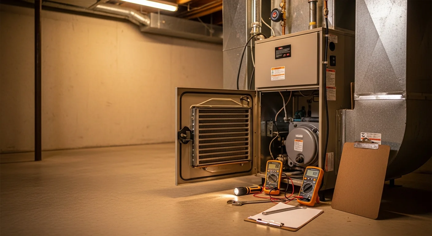 An HVAC technician inspecting an interior furnace unit inside a single-family home in La Junta, Colorado. The technician examines the heat exchanger and control board during a furnace repair service call.