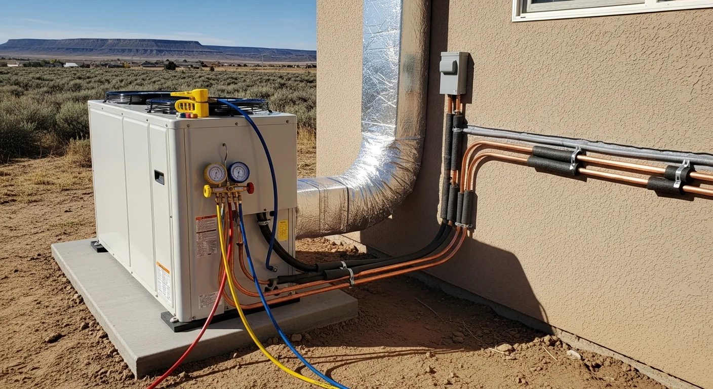 A newly installed HVAC unit mounted on the exterior of a single-family home in La Junta, Colorado, with clean copper line sets and secure electrical connections. The surrounding landscape reflects the dry, high-plains setting typical of Otero County.