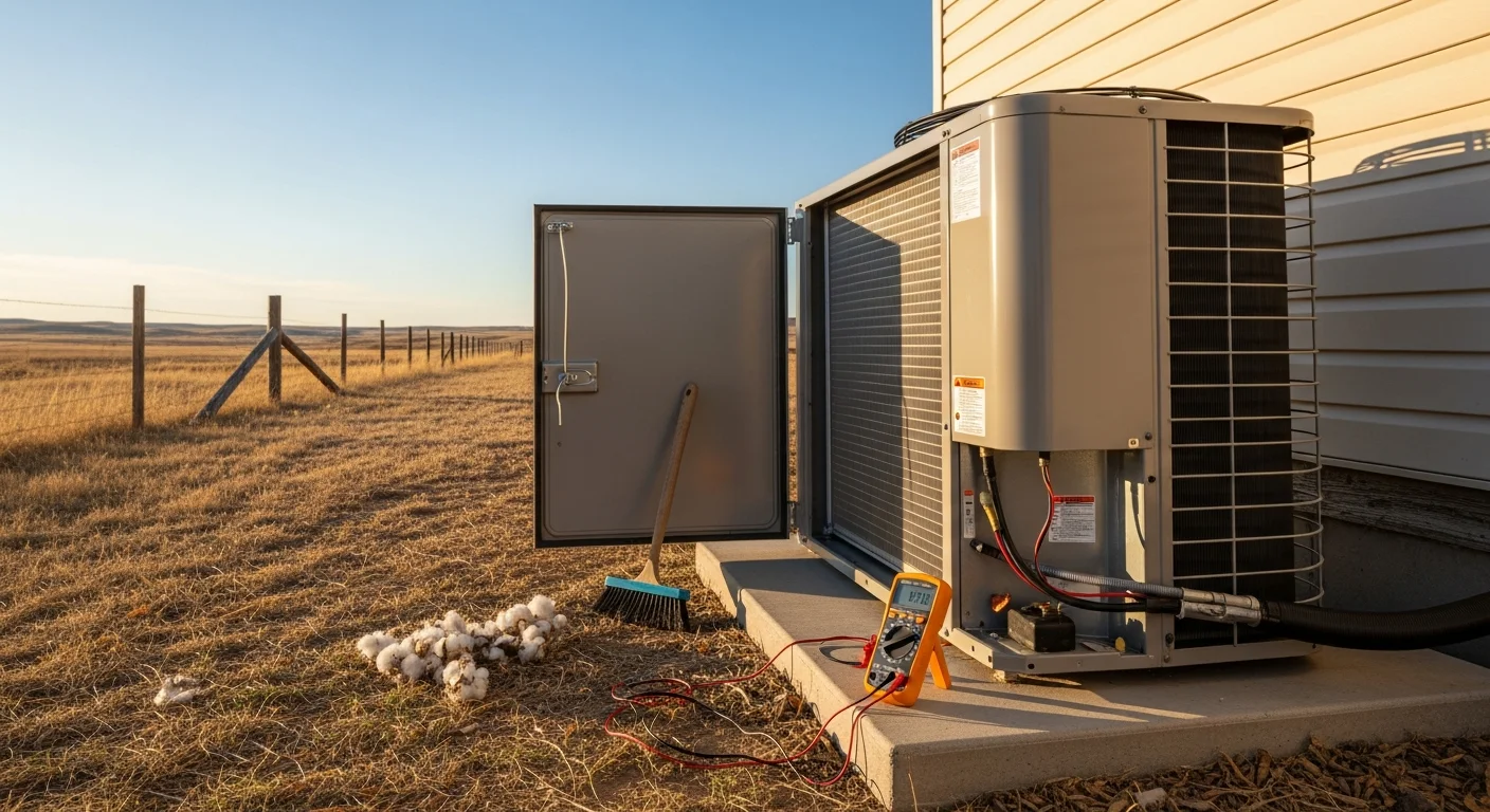 A GSK Refrigeration LLC technician inspecting and cleaning an outdoor HVAC condenser unit at a residential property in La Junta, Colorado. The unit sits against a clear southeastern Colorado sky with open plains visible in the background.