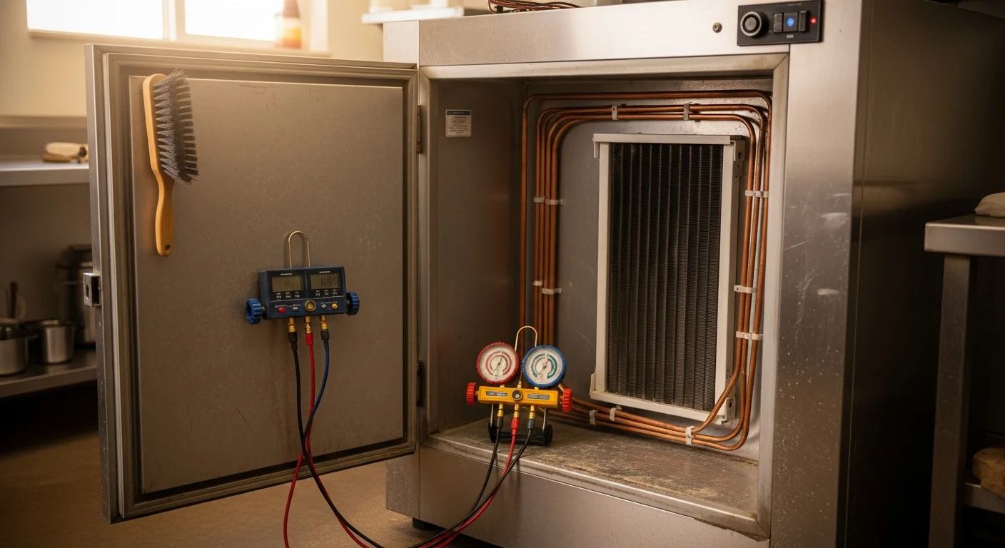 A GSK Refrigeration LLC technician inspecting a commercial walk-in cooler condenser unit at a La Junta, Colorado business. The image shows clean coils and open access panels during a routine refrigeration maintenance check.