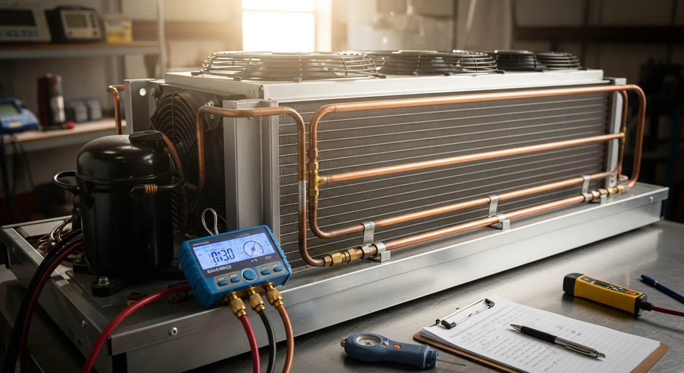 A refrigeration technician inspecting condenser coils and checking refrigerant levels on a commercial walk-in cooler unit in La Junta, Colorado. The technician uses a gauge set while reviewing the compressor and electrical connections on the exterior of the unit.