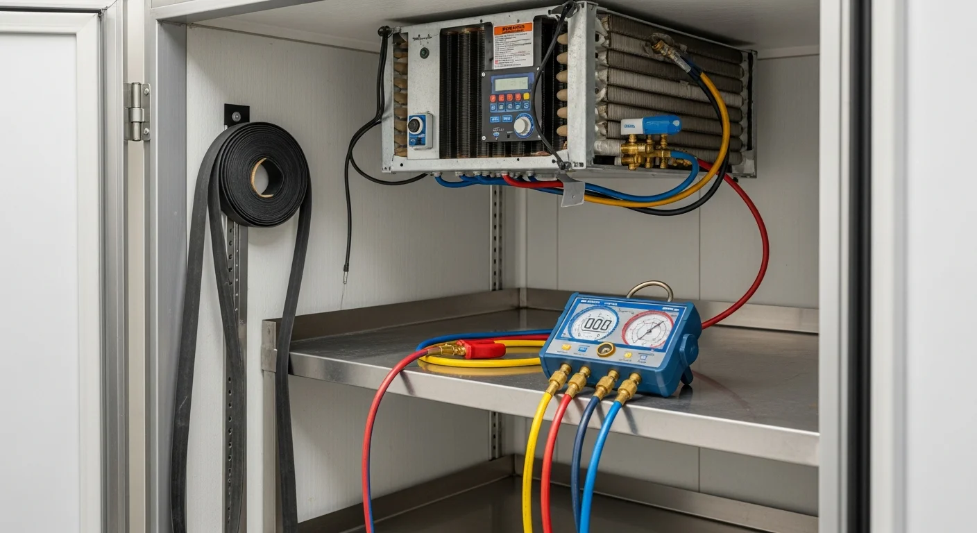 A commercial walk-in cooler interior in a La Junta food service business showing a technician from GSK Refrigeration LLC inspecting the evaporator unit and checking system components. The cooler shelves hold packaged food inventory at proper cold storage temperature.
